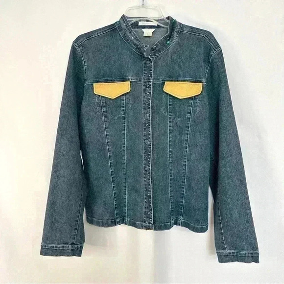 Christopher & Banks Denim Jacket Embroidered Stretch Womens Sz Large Snap Button - Picture 1 of 16